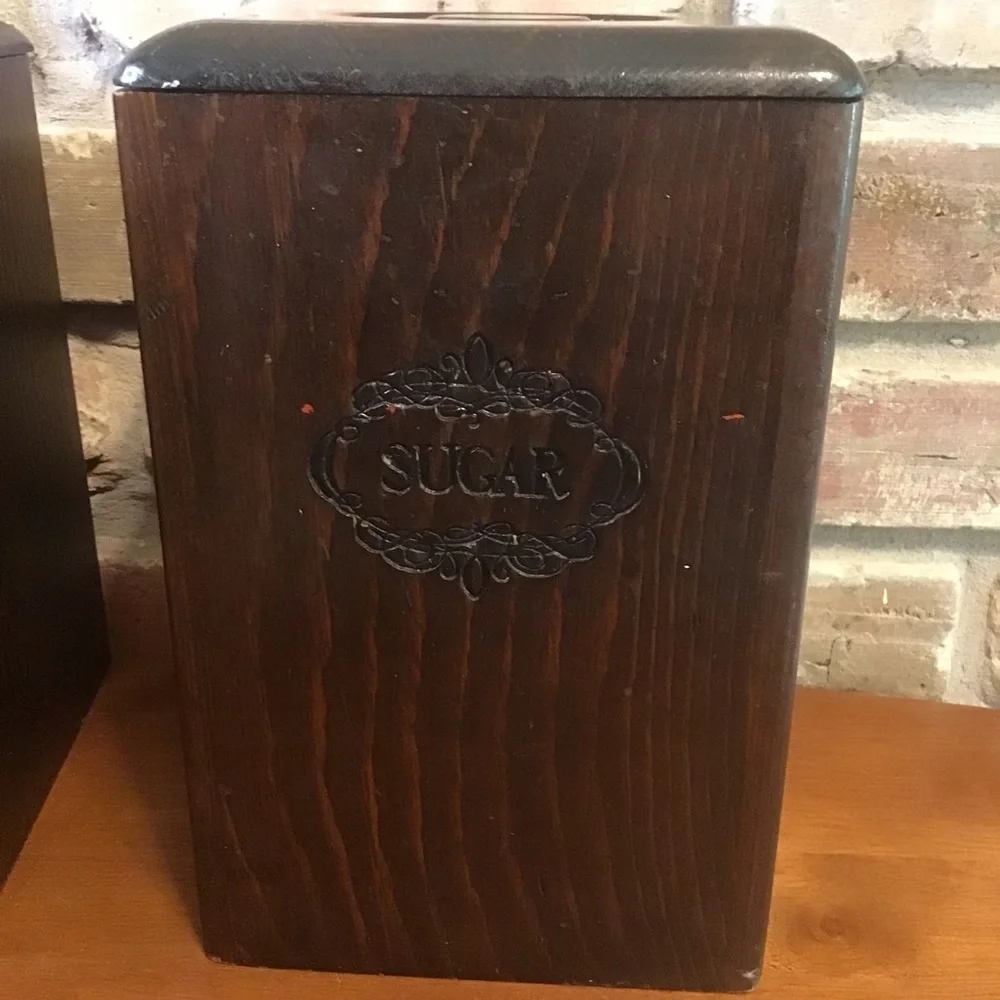 VINTAGE 60’s 70’s MCM Flour Sugar Tea Coffee Square Wooden Canister Set